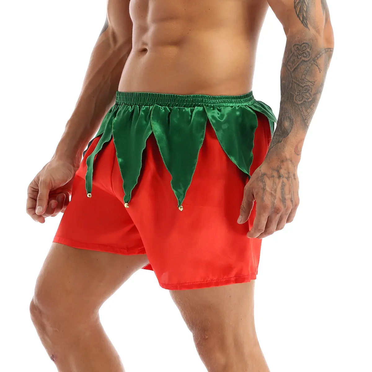 Mens Christmas Elf Boxer Shorts Underwear Lounge Trunks Underpants Shiny Satin Santa Claus Xmas Cosplay Costume