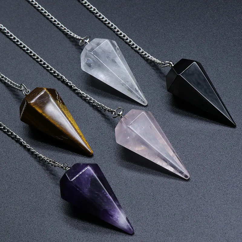 Big Size Natural Quartz Stone Pendant Amethysts Tiger Eye Cone Pink Crystal Pendant Amulet Men Women Healing Meditation Pendulum