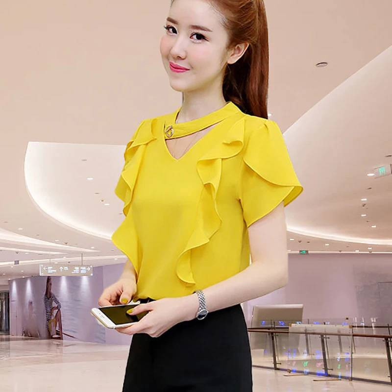 

Women Spring Summer Style Chiffon Blouses Shirts Lady Casual V-Neck Ruffles Decor Short Sleeve Chiffon Blusas Tops DD8872