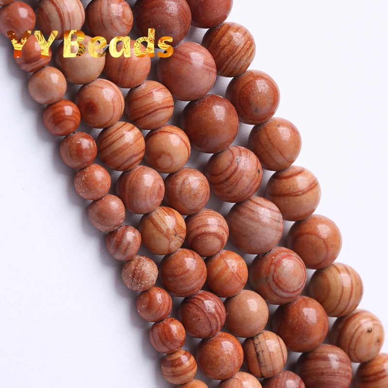 Natural Red Wood Stripes Stone Beads Jaspers Gem Round Smooth Beads For Jewelry Making Charms Bracelets 15\