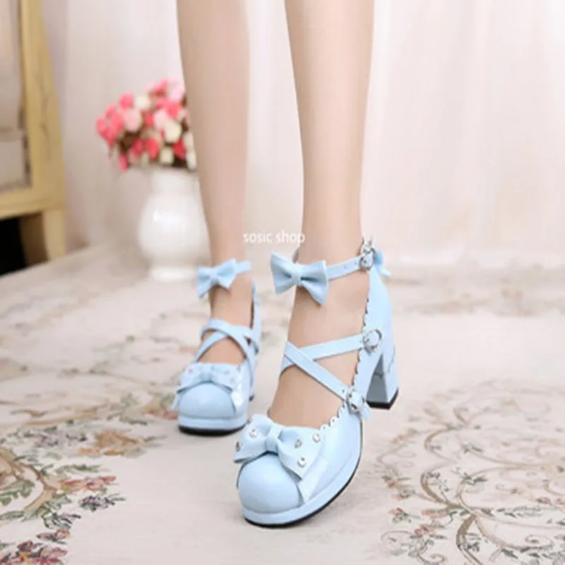 Lolita Japanese Rhinestone Bow Jk Sweet Cute Strap High Heeled Round Head Student Shoes Kawaii Girl Tea Party Cos Loli Vintage