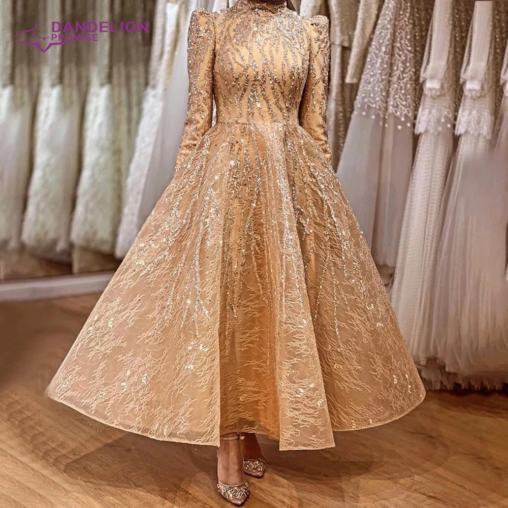 Arabic Gold Long Sleeve Muslim Evening Dresses For Women 2021 A-Line Beadings Lace High Neck Formal Party Gowns