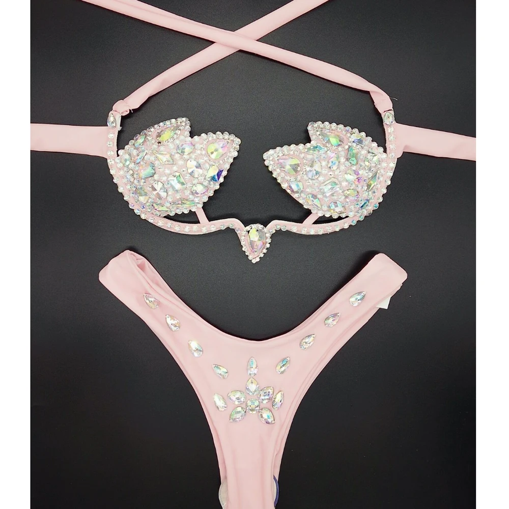 5 Bright Color Bikini Set Women Diamante Carnival Bra rhinestone Sexy Night Club Panties Festival Bikini Set Burning Man Outfit