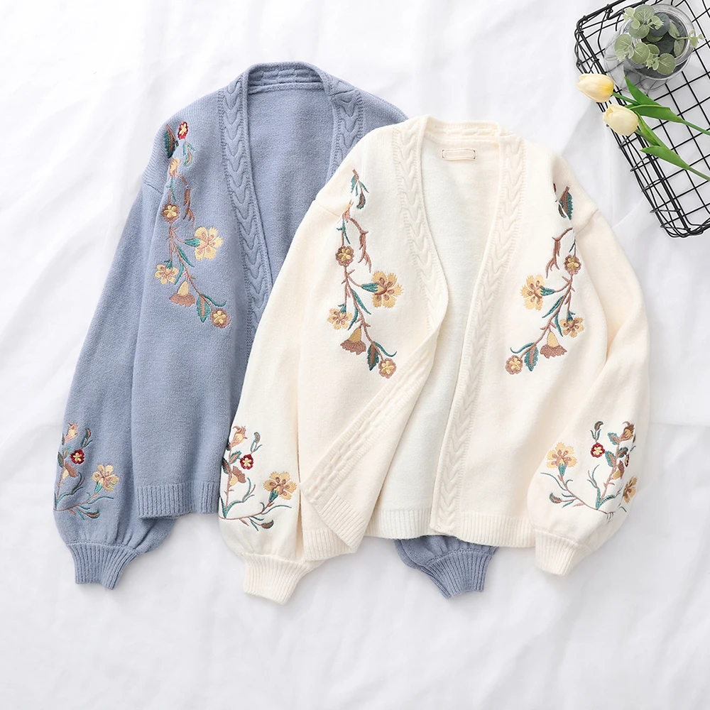 

Autumn and Lantern Sleeve Flower Embroidery Knitting Sweater Cardigans Preppy Style Mori Girl Student V-neck Loose Cardigan