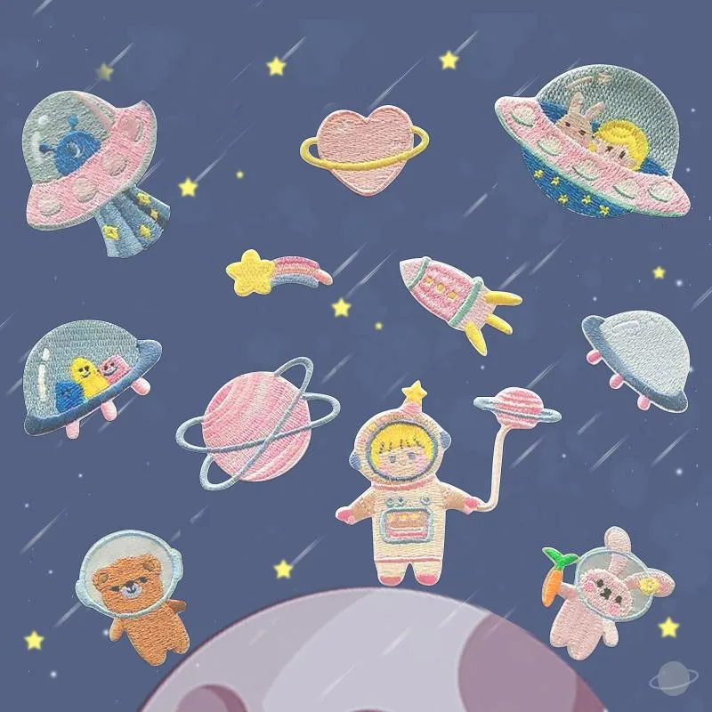 Samoprzylepne Cartoon Bear astronauta Spaceship haftowane naszywki na odzież naprasowanki na ubrania aplikacja telefon pokrywa dekoracyjna