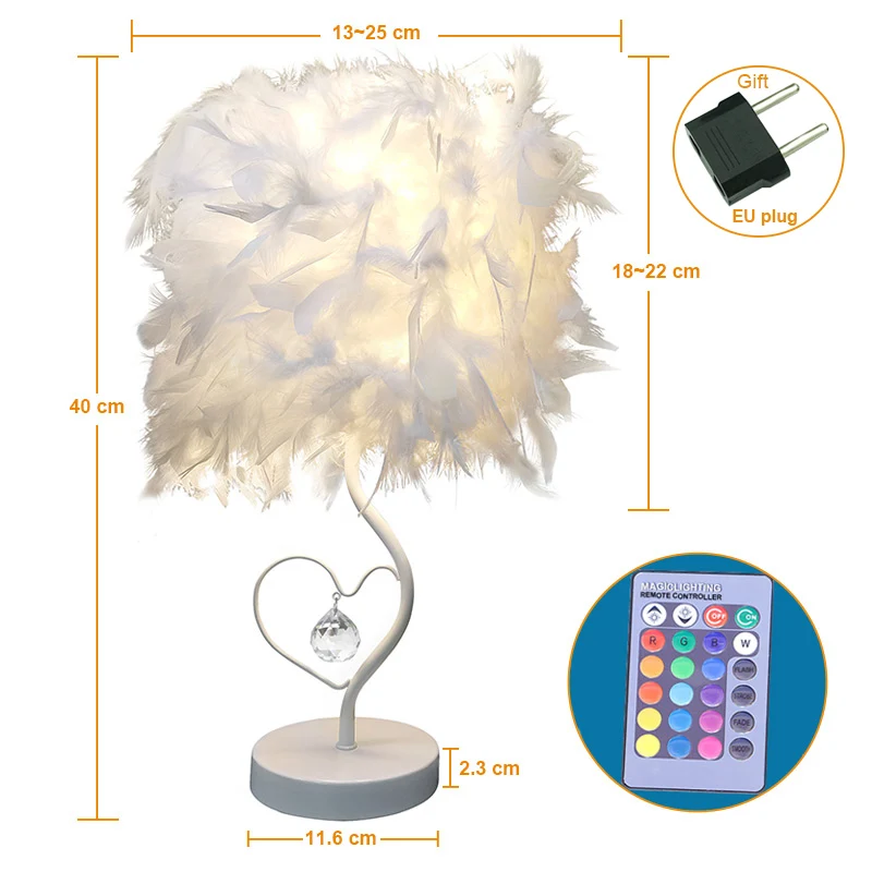 lampe de chevet chevet salle de lecture salon coeur forme plume cristal lampe de Table lumière avec prise ue nous royaume-uni AU plug petite taille deco maison