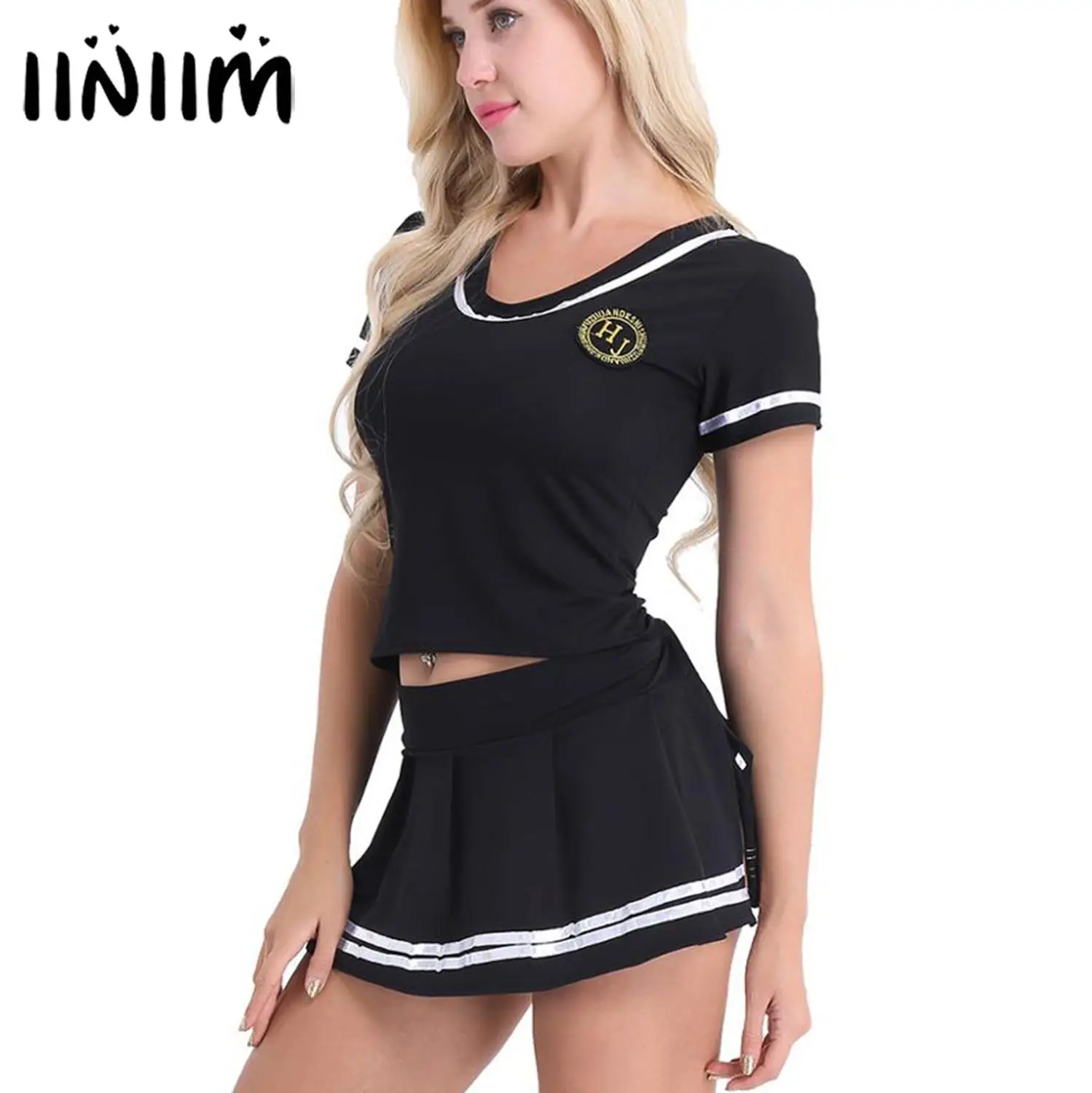 

Womens Female Schoolgirls Sexy Cheerleader Cosplay Costume Lingerie Summer Party Clubwear T-shirt Tops with Mini Skirt G-string