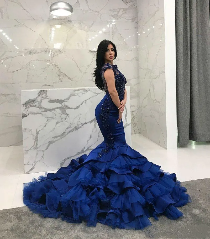 Mermaid Prom Dresses 2020 Formele Avondjurken Lace Applique Tiered Ruches Kralen Vestidos De Festa Formele Party Prom Dress