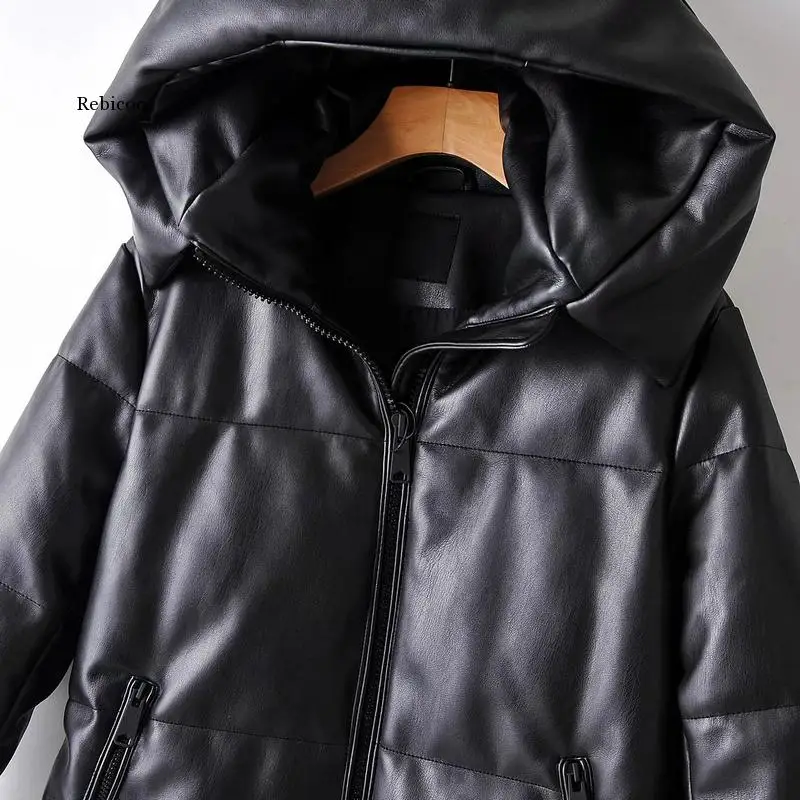 Solid Pu Leather Cotton Jacket Hooded Women\'s Fashion Leather Long Coats Ladies Waterproof Thick Jackets Female Winter