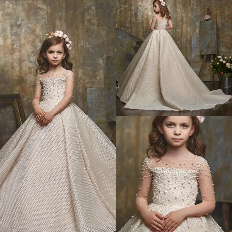 Luxury Beautiful Flowers Girls Pageant Dress maniche lunghe Beads abiti da ballo per bambini Beads Ball Gown Flower Girls Dress