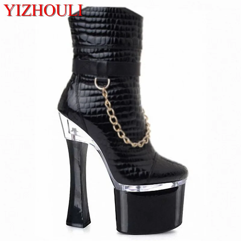 

Winter fashion women's boots, 8 inch, 18 cm motorcycle boots, chain trim platform high heel ankle boots