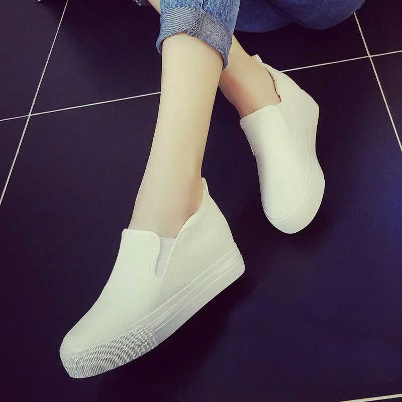 New Thick-soled Student Canvas Shoes Women's Pedal Shoes Increased 7cm Casual Black Shoes Zapatos De Mujer