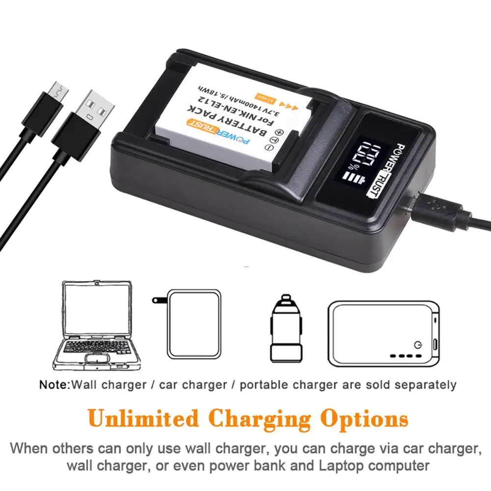 EN-EL12 ENEL12 Battery and LED USB Charger for Nikon Coolpix AW100 AW100s AW110 AW110s AW120 P330 P340 S310 S70 S610 S620 S630