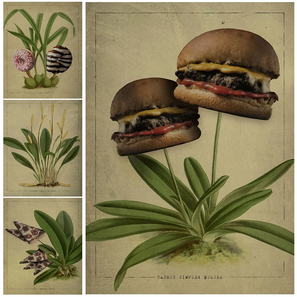 Plant That Grows Burgers Abstract Wall Art Canvas Painting Donut,Fries And Pizza Retro Plant Poster And Prints For Kitchen Room