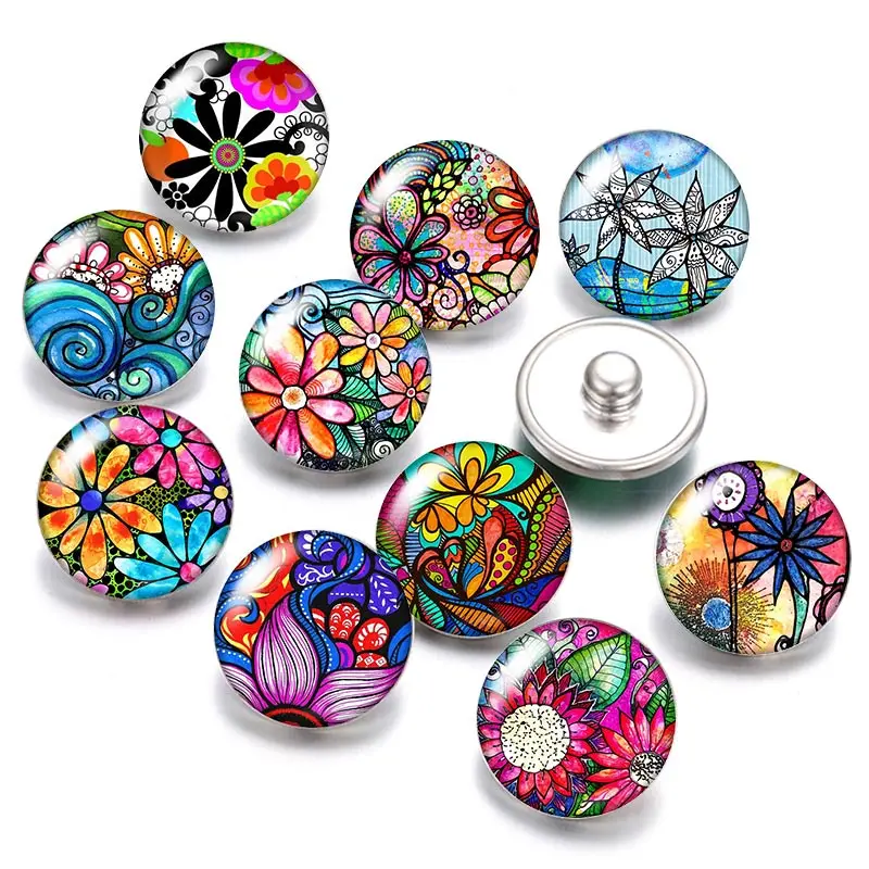 DB0987 Beauty drawing flowers colorful 18mm snap buttons 10pcs mixed round photo glass cabochon style for snap button jewelry