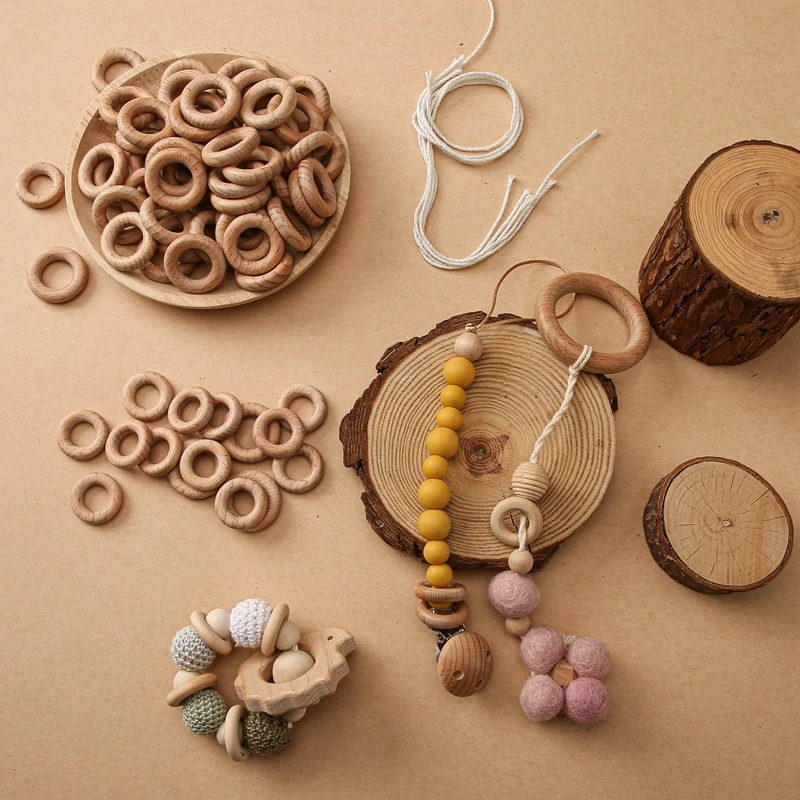 50PCS No Customize Logo Wooden Ring Wooden Ring Baby Teether Circle Beech Ring Natural Wood Rodent Teething Rings Baby Nursing