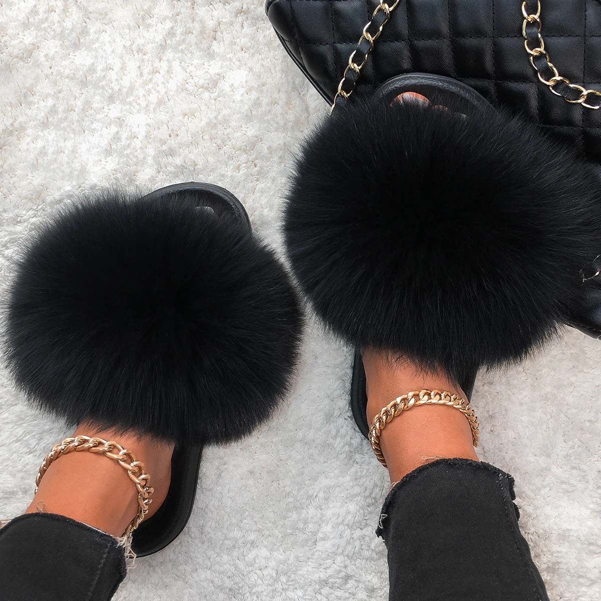 Hottest Women 100% Real Fox Racoon Fur Slippers Lady\'s Lovely Furry Slippers Slides Soft Plush Slippers Women Fluffy Plush Shoes