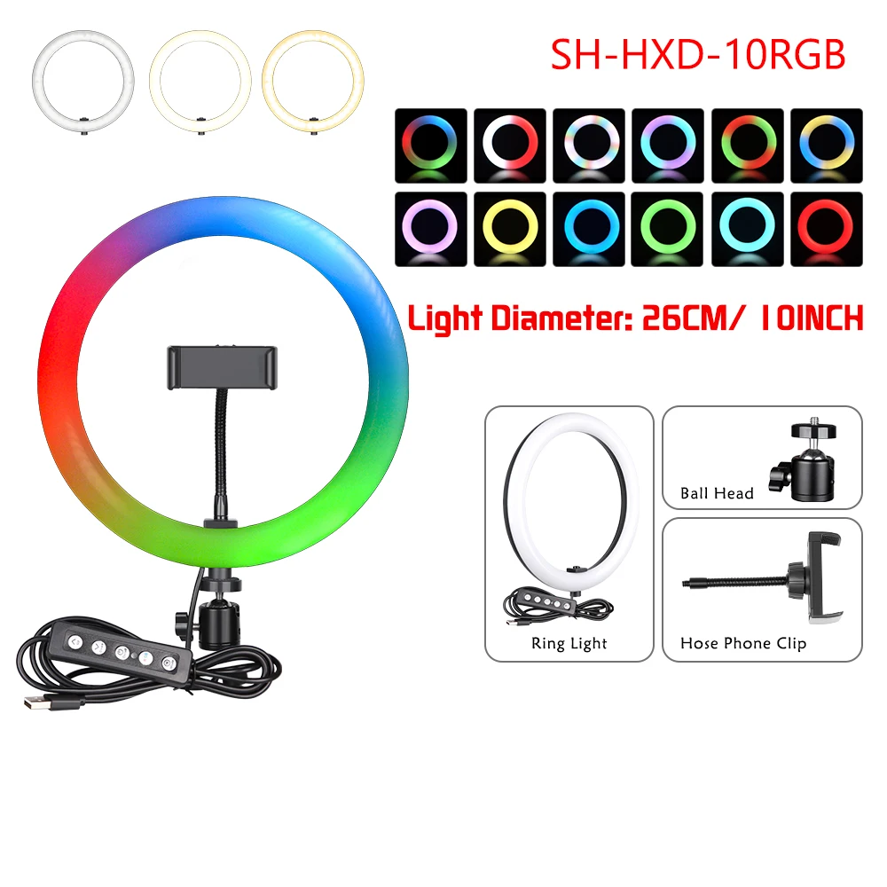 SH 10inch/26cm Desktop RGB Ring Light With Tripod Stand Usb Charge Selfie Dimmable Video Lamp  For Photo Photography Studio