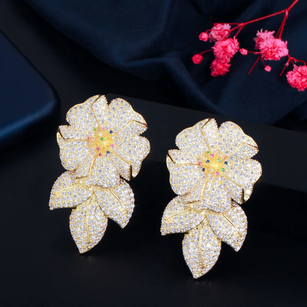 CWWZircons Shiny CZ Flower Drop Luxury Long Big Earrings for Women African Dubai Gold Color Bridal Wedding Costume Jewelry CZ907