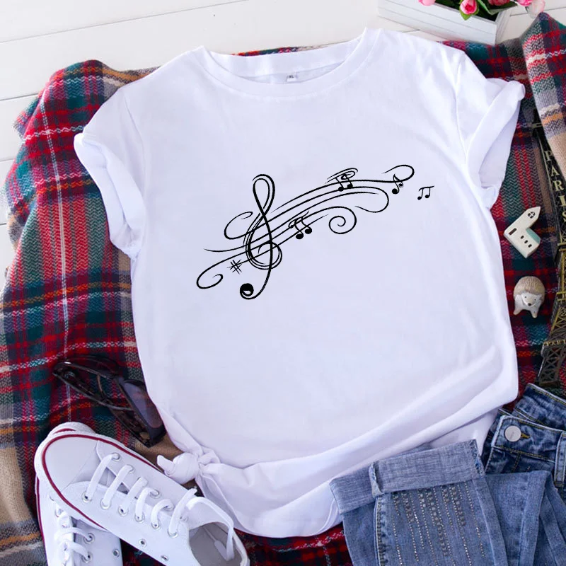 Fashion Summer Oversized T-shirt Musical Note Graphic T Shirt Women Tops O-neck White Tees Funny Girls Tshirt XXXL