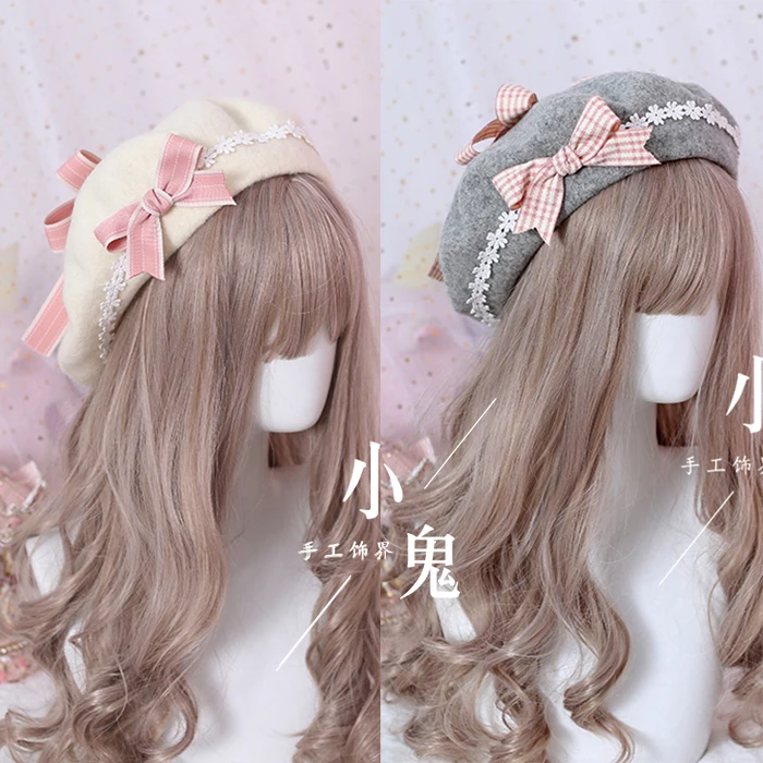 Japanese lolita girls beret female autumn and winter woolen sweet wild daisies hand-made bow bud