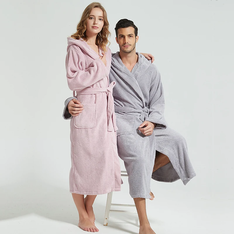 Hooded Bathrobe for Men, 100% Cotton, Thick Warm Towel, Fleece Cotton Dressing Gowns, Long Bath Robe, Hotel Spa, Soft Bridesmaid