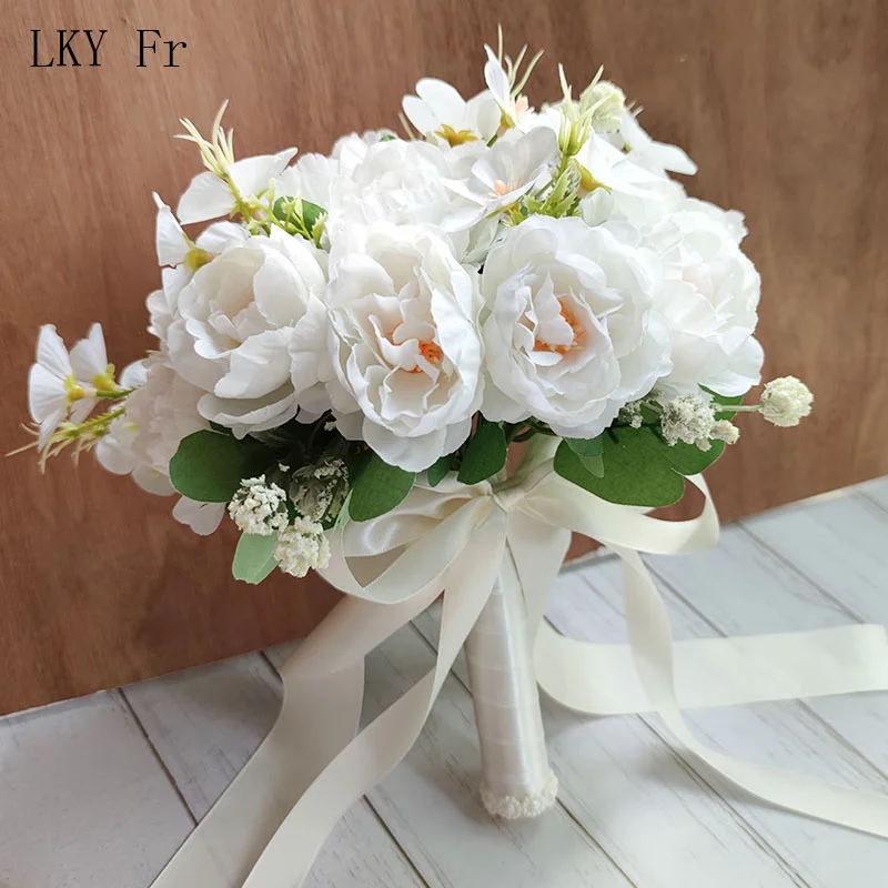 

LKY Fr White Bride Wedding Bouquets Bridesmaid Accessories Silk Rose Artificial Flowers Groom Boutonniere Bridal Mariage Bouquet