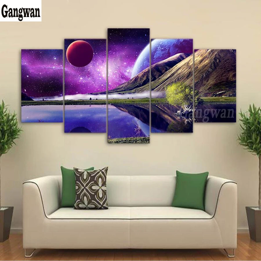 Full Round diy diamond painting 5 Panel abstract Planet lake Scenery Background wall painting 5d Diamond Embroidery cross stitch