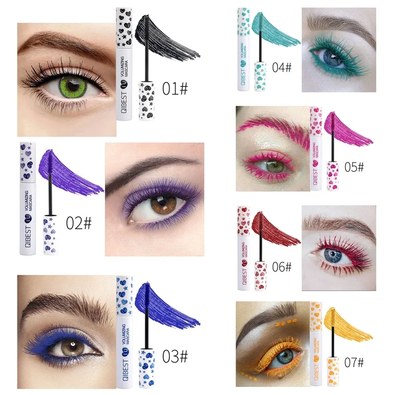 Qibest 7 Kleur Waterdichte Gekleurde Mascara 4d Rimel Inkt Oog Cosmetische Groen Bruin Blauw Curling Wimpers Verlenging Mascara Volume