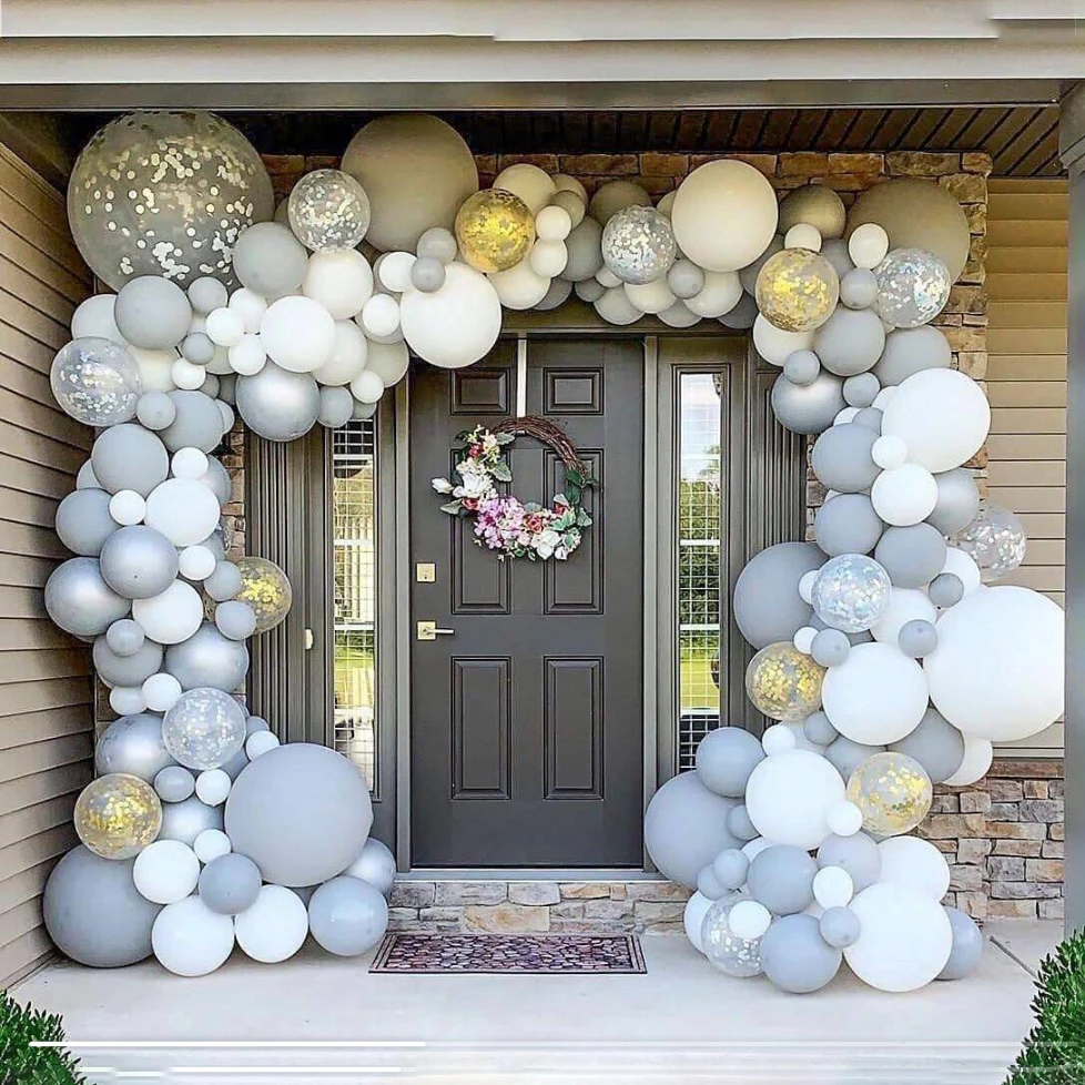 144pcs Grey White DIY Balloons Set Arch Garland Kit Party Decoration Gold Silver Confetti Clear Baloon 18/10/5inch Globos