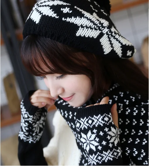 Warm Beanies Hat For Girl Ring Scarf Pompoms Winter Hats Knitted Caps Scarf Gloves 3PCS Fashion Winter Hat Scarf Set For Women