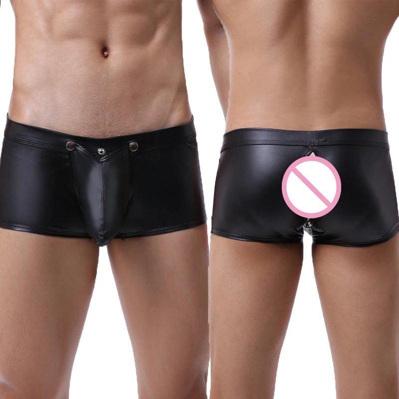 

Mens Boxer Shorts Lingerie Erotic Open Crotch PU Leather Underwear Calzoncillos Hombre Sexy Bugle Pouch Open Butt Gay Panties