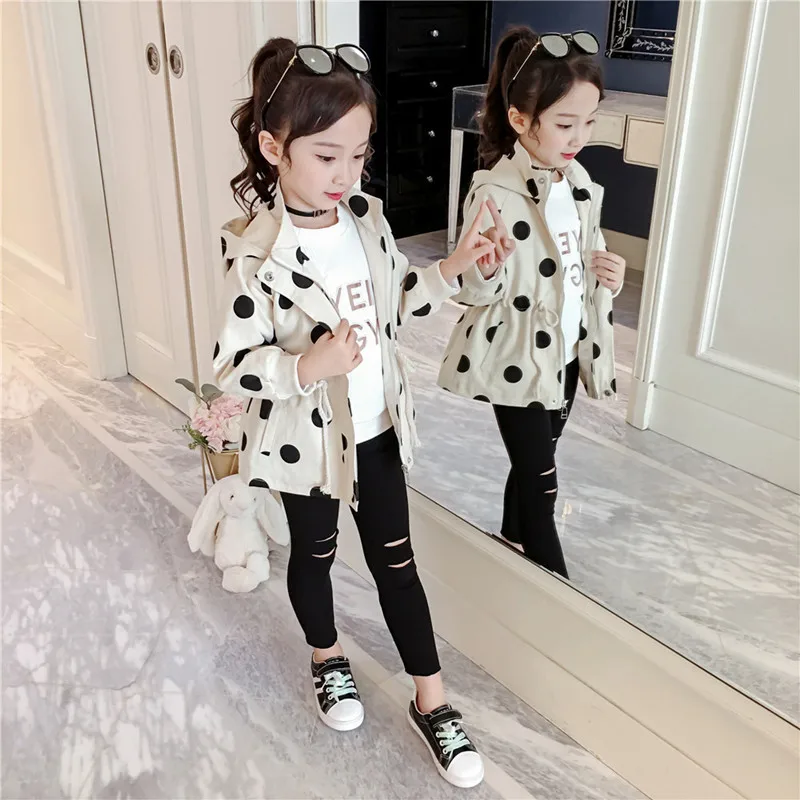 New 2023 Kids Jacket For Girls Spring Autumn Long Sleeve Dot Print Hooded Coat Cotton Children Girls Outwear For 2-7Years