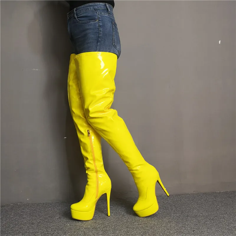 

Lemon Yellow Patent Leather High Platform Thigh Boots Club Thin Heel Over The Knee Boots Female Pointed Toe Knight Boots Zapato