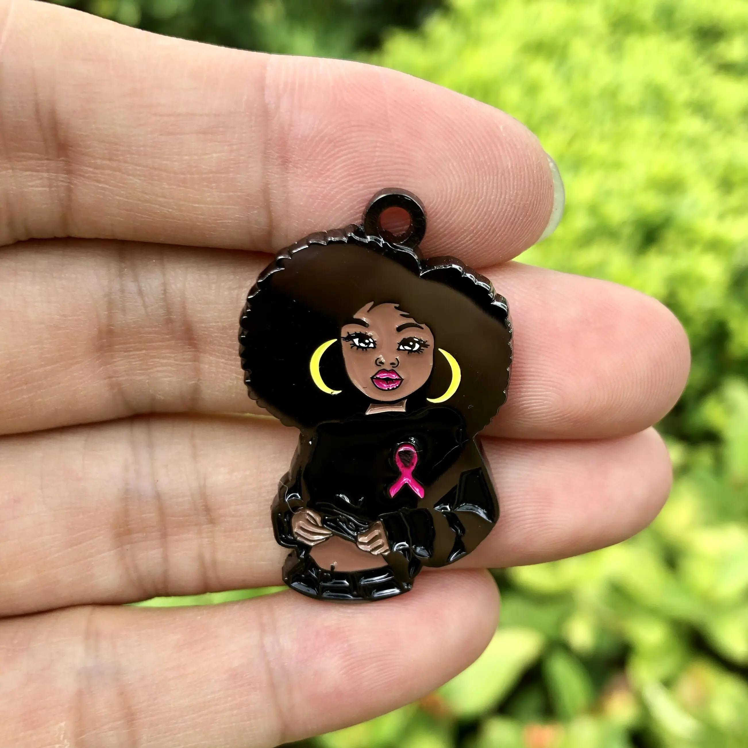 5 PCS Afro Girl Survivor Pink Ribbon Breast Cancer Charm Enamel Pendant for Women Bracelet Necklace Jewelry Wholesale Making