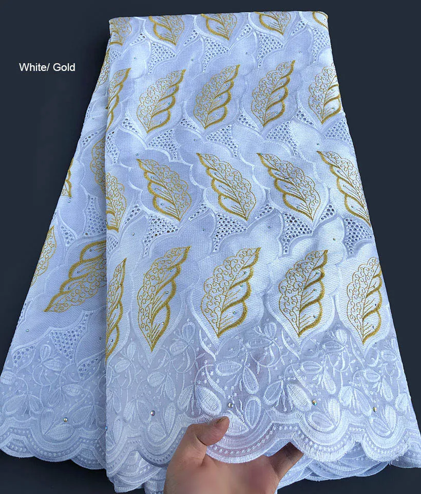 5 yards White Gold soft thick embroidery African Swiss voile lace with eyelet holes Nigerian Ghana garment sewing dress clothes