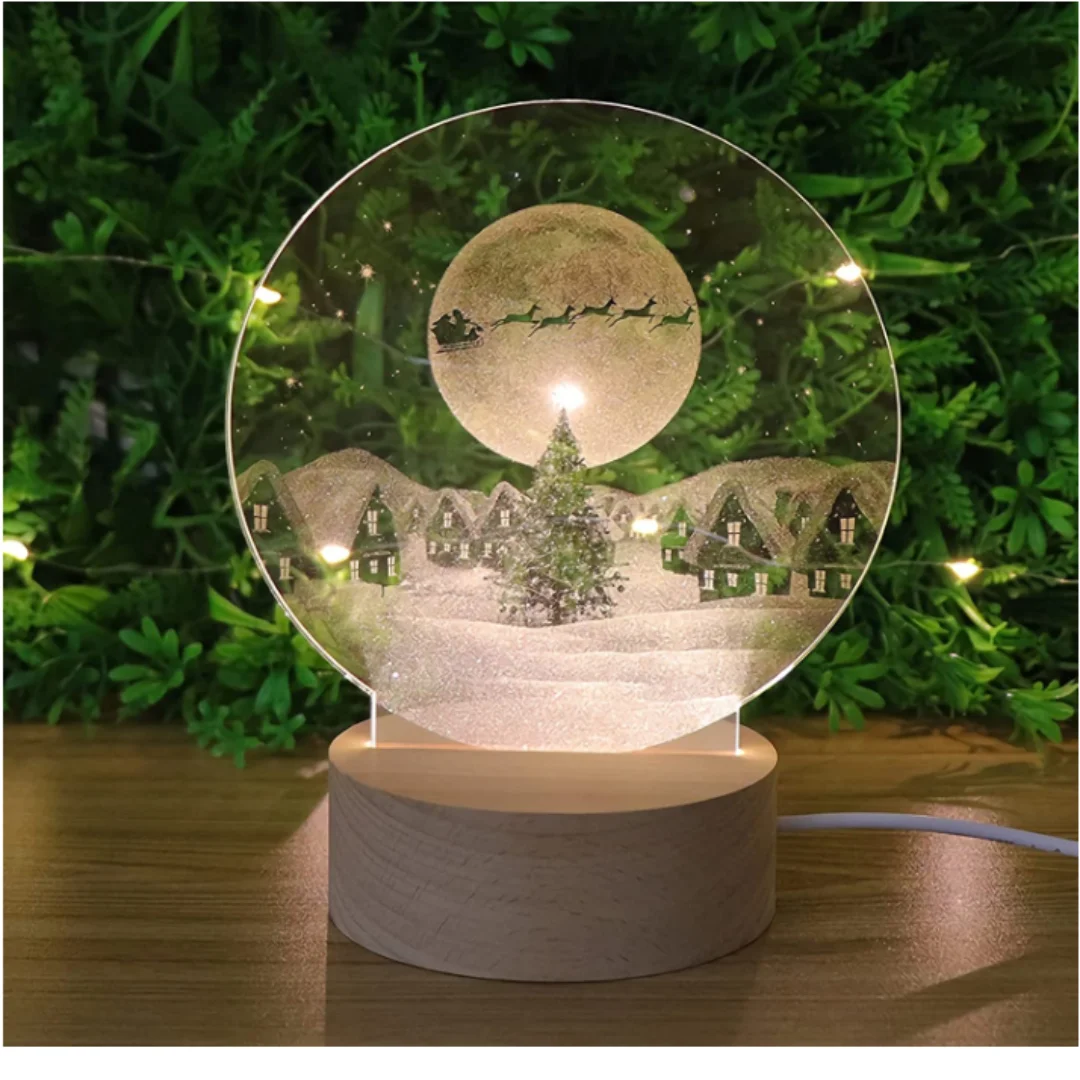 3D Acrylic Elk Night Light with Solid Wood Base, Creative LED Table Lamp, Christmas and Birthday Gift