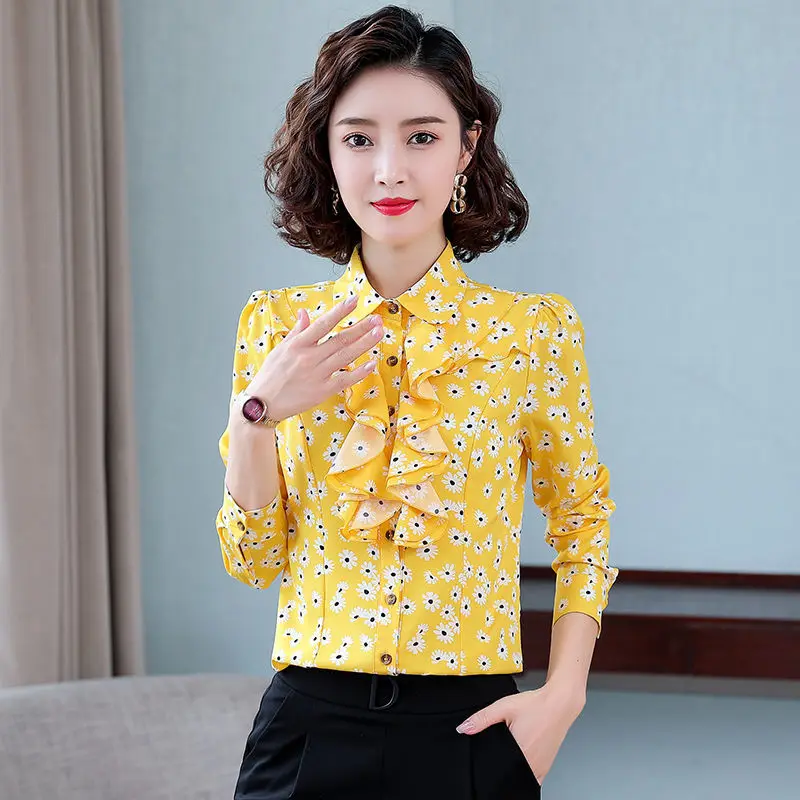 

Womens Daisy Print Tops Blouses Ruffle Blouse Women Ruffles Neck Business Long Sleeve Shirts Female Casual 5XL Blusas Large Size