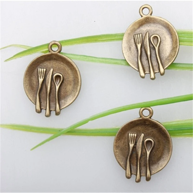 10 pcs Dish Charms - Plate Charms Miniature Plate Charms Spoon Charm - Fork Charm - Knife Charm - Bronze Color Charm