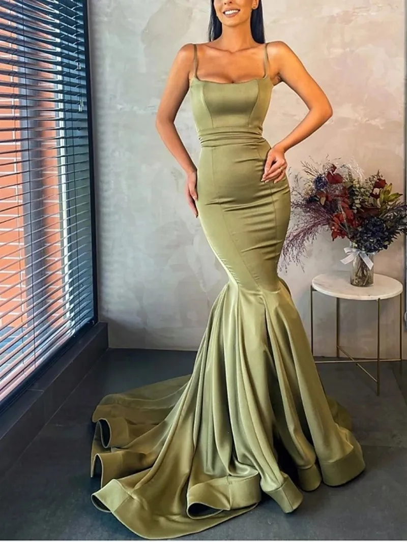 Sexy Sage Lange Mermaid Formele Avondjurk Spaghetti Band Mouwloze Hof Trein Prom Partij Jassen Arabische Dubai Robe De Soiree