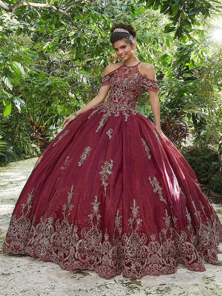 Vestidos de Quinceañera de Borgoña, vestido de bola con hombros descubiertos, apliques de Organza con cuentas, 16 vestidos