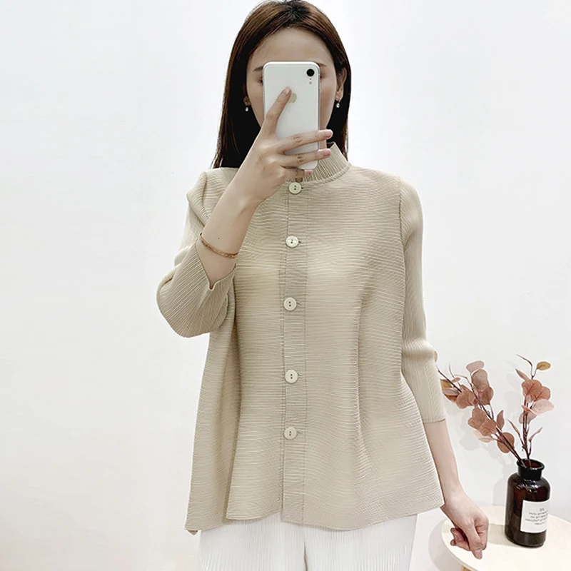 

miyake pleated casual women jacket 2021 summer new retro cardigan fashion basic slim Tops trend woman clothing