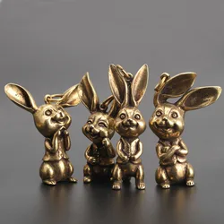 4 Styles Copper Rabbits Miniatures Figurines Small Ornaments Vintage Brass Animal Home Decor Desk Decorations Key Rings Pendants