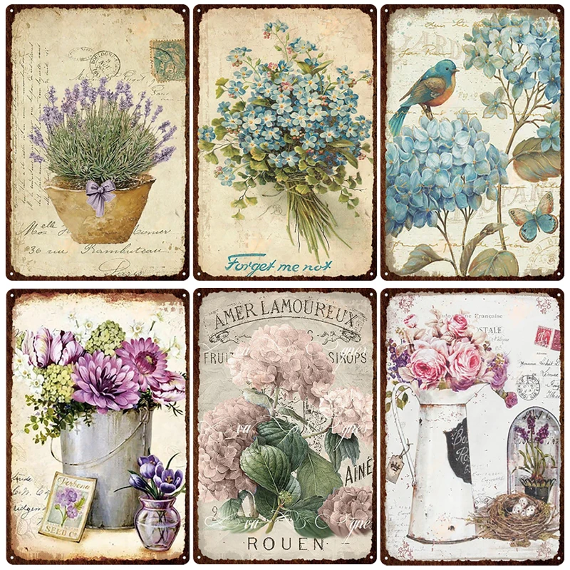 Panneau métallique en étain avec fleurs, assiettes rétro, Rose, pivoine, lavande, Art, affiche Vintage, décoration murale pour le jardin, la maison,