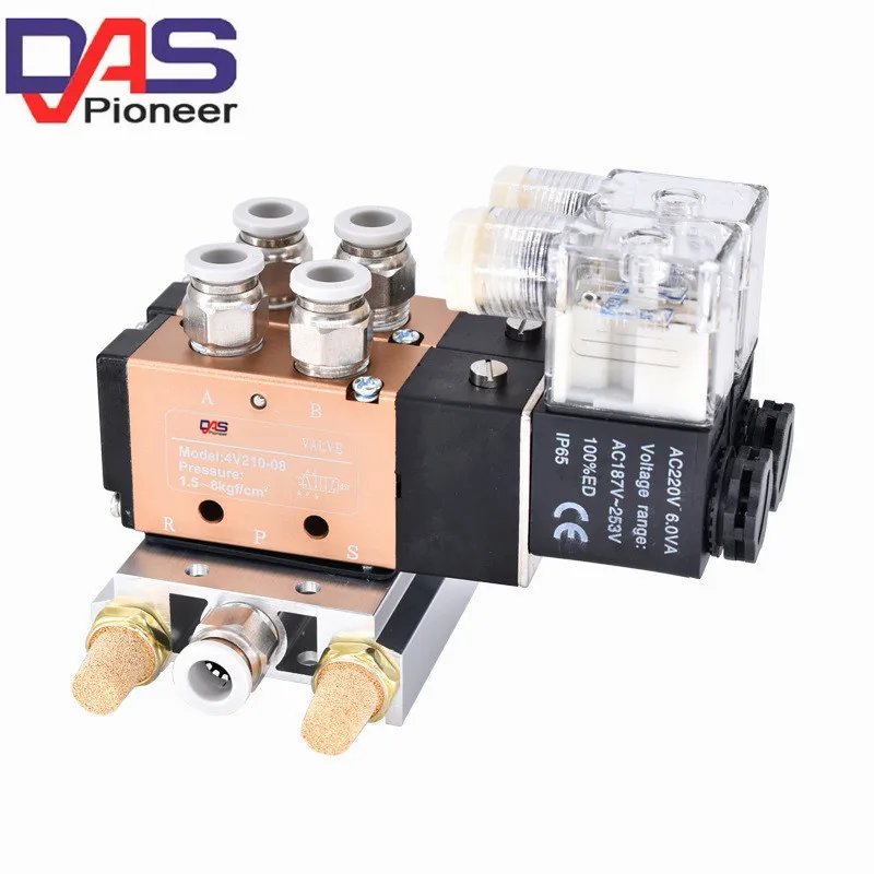 

4V210-08 DC24V 2 Positions 5 Way Quadruple Solenoid Valve Aluminum Base Fitting Mufflers Set 5 Stations Free Shipping