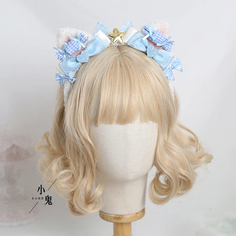 Japanese Handmade Sweet Soft Girl Lolita Pink Blue Cat Ear Headband Hair Accessories Cute Lolita Bow KC Headdress