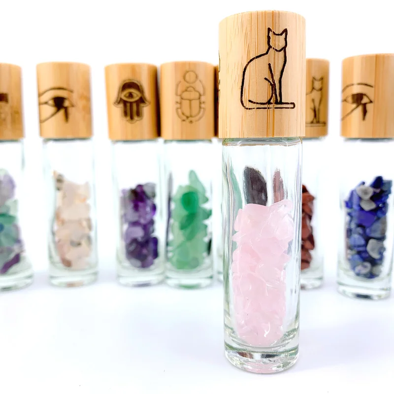 Quartz Gemstone Roller Bottle with Natural Bamboo Wood Lid Essential Oil Bottle Cross Cat Hamesh Hand Pattern 10pcs/lot  P289