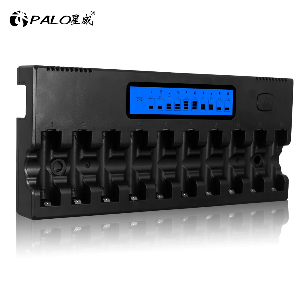 PALO 10 Slots LCD Display Smart Intelligent 1.2V Battery Charger AA charger For 1.2V AA NiCd NiMh Rechargeable Batteries