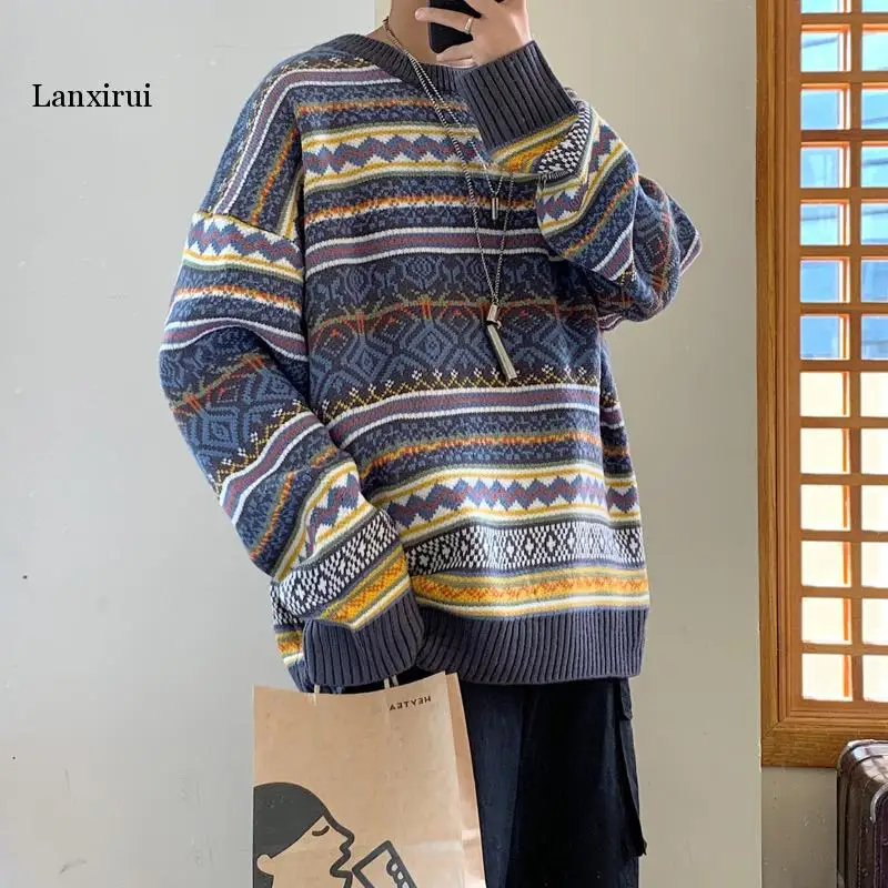 Winter Sweater Men\'s Warm Fashion Retro Casual O-neck Knit Pullover Men Streetwear Knitting Sweaters Male Sweter Clothes M-2XL