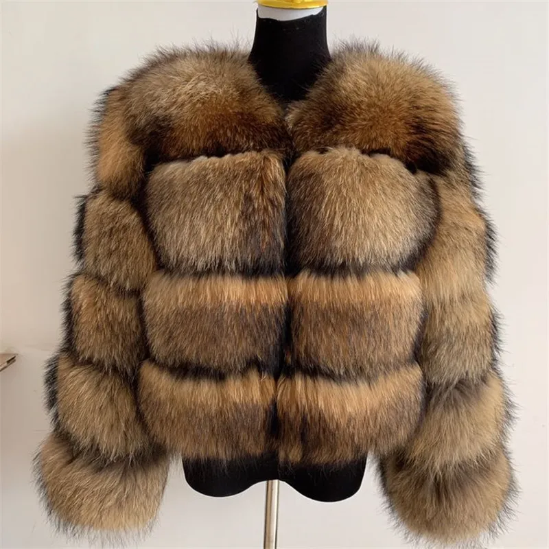 2021Raccoon Fur Coat Ladies Winter Warm Coat Real Fur Coat Natural Raccoon Fur Natural Fox Fur High Quality Fur Long Sleeve Coat